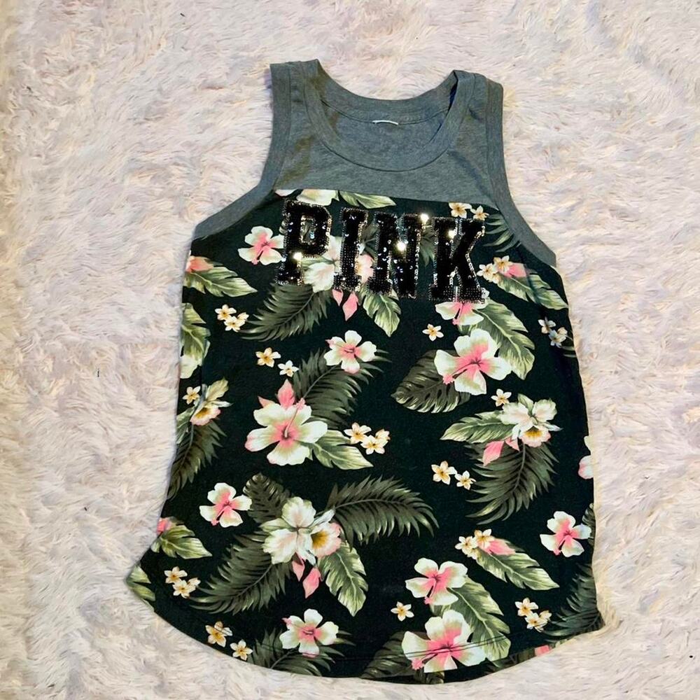 Victoria's Secret Floral Sequin PINK Tank Top - Black, Gray, Pink, Green